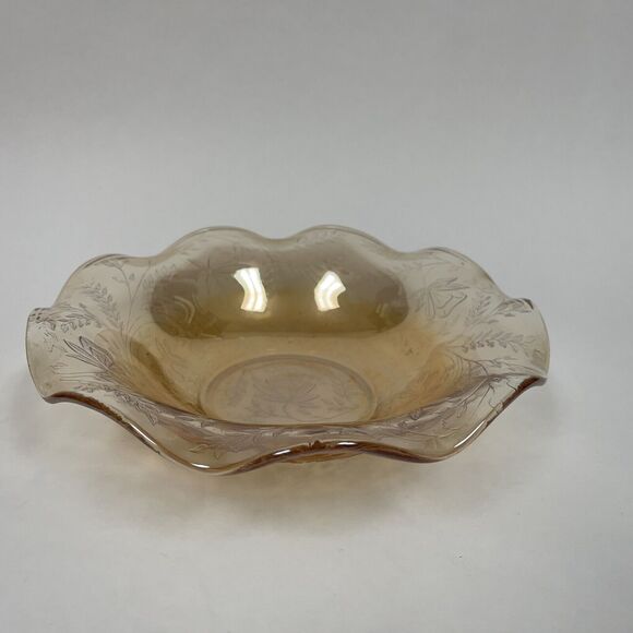 Jeannette Glass Fluted Bowl Marigold Ruffled Edge Floral 9 5/8" across - Picture 1 of 6